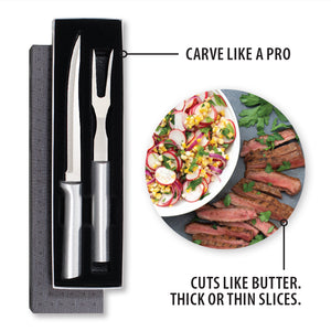 Carve like a pro. Cuts like butter. Thick or thin slices. The carving set alongside a picture of carne asada and corn salsa.