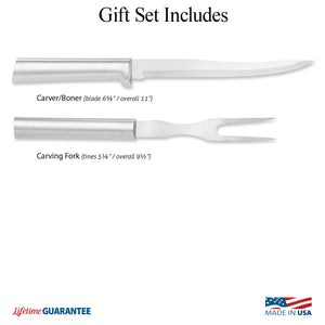 Illustration of individual components in Carving Gift Set. Made in USA & Lifetime Guarantee logos.