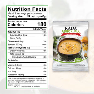 Nutrition: 4 servings per container. Serving size: 1/4 cup dry. 180 Calories per serving. fat 9. Carbohydrate 4. Protein 4.