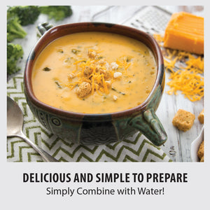 A bowl of cheddar broccoli soup topped with croutons and cheese. Delicious and simple to prepare. Simply combine with water!