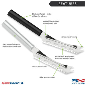 Diagram showing features of Cheese Knife with Made in USA and Lifetime Guarantee logos. 