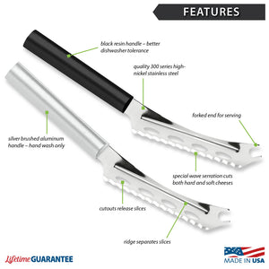 Diagram showing features of Cheese Knife with Made in USA and Lifetime Guarantee logos.