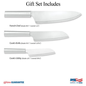 Illustration shows knives in Chef Select Gift Set and logos for Made in USA and Lifetime Guarantee.