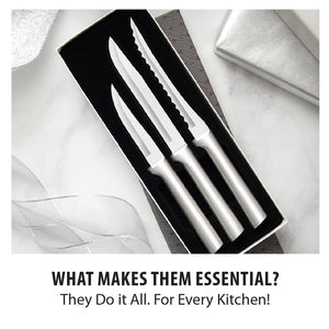 A gift boxed set of three kitchen knives. What makes them essential? They do it all. For every kitchen!