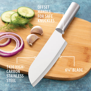 Cook's knife on cutting board. Offset handle for safe knuckles. T420 high-carbon stainless steel 6 1/4 inch blade.
