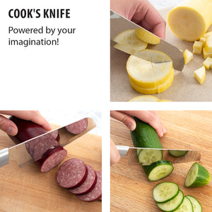 Cook's Knife, powered by your imagination! A cook's knife slicing summer sausage, summer squash and a cucumber.