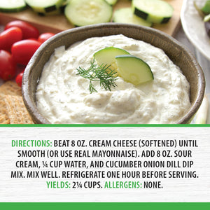 Directions: Beat cream cheese, add sour cream, water and cucumber dill dip. Mix well. Refrigerate one hour before serving.
