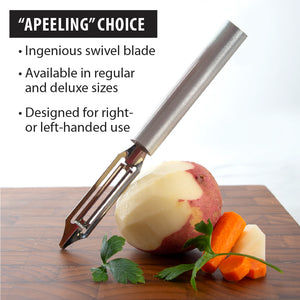 Apeeling choice. Ingenious swivel blade. Available in regular and deluxe sizes. Designed for right or left-handed use.