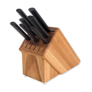 Essential Oak Block Gift Set with seven black-handled knives.