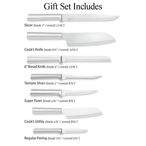 Illustration showing blade and overall lengths for knives included in Essential Oak Block Gift Set