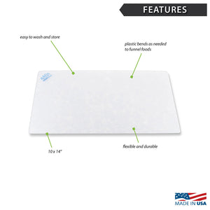 Features diagram of large plastic cutting board with Made in USA logo.