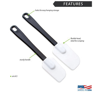 Features: Flexible head, ideal for scraping. Sturdy handle.Holes for easy hanging storage. Set of 2.