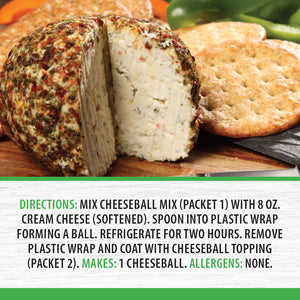Directions: Stir cheeseball mix with cream cheese. Form into ball. Refrigerate for two hours. Remove and coat with topping.