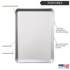 Half Sheet Pan Features. Industrial grade, 1" anti-warp reinforced rolled rim prevents warping.