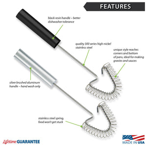 Features diagram for Handi-Stir with made in USA and Lifetime Guarantee logos.