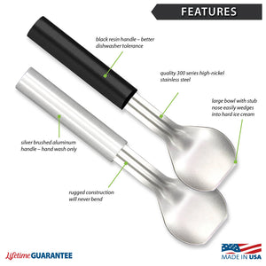Features diagram for Ice Cream Scoop with Made in USA and Lifetime Guarantee logos