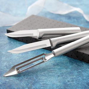 Silver aluminum handle paring knives and vegetable peeler gift set box.