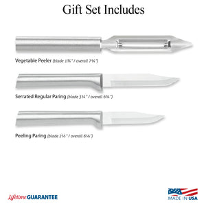 Illustration of knives in Kitchen Basics Gift Set and logos for Made in USA and Lifetime Guarantee.