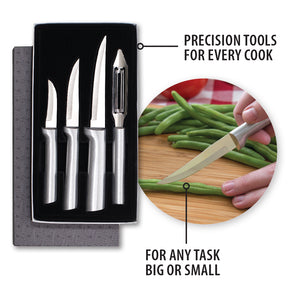 Precision tools for every cook. For any task big or small. Silver handled four piece gift set. Paring knife cutting a bean.