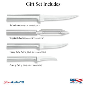 Illustration of knives in Meal Prep Gift Set and logos for Made in USA and Lifetime Guarantee. 