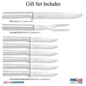 Illustration of knives in Meat Lover's Gift Set and logos for Made in USA and Lifetime Guarantee.