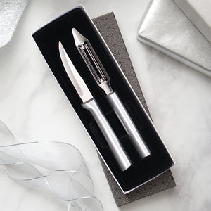 Rada Cutlery Pare & Peel Gift Set with silver handles in black-lined gift box.