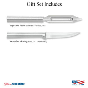 Illustration of knives in Pare & Peel Gift Set and logos for Made in USA and Lifetime Guarantee.