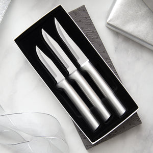 Paring Knives Galore Gift Set with silver handles includes three paring knives in gift box.