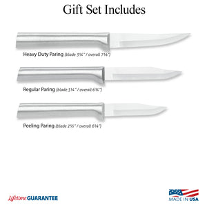 Illustration of knives in Paring Knives Galore Gift Set & Made in USA and Lifetime Guarantee logos