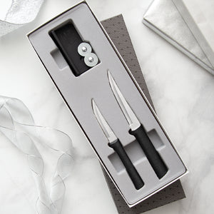 Rada Cutlery Paring Plus Sharpener Gift Set with black handles.