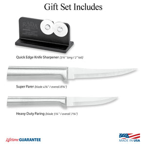 Illustration of knives in Paring Plus Sharpener Gift Set & Made in USA and Lifetime Guarantee logos
