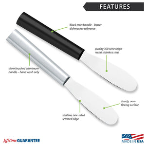 Features diagram for Party Spreader with Made in USA and Lifetime Guarantee logos.