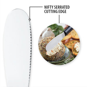 Close-up of the serrated, toothed edge of the party spreader. Nifty serrated cutting edge.