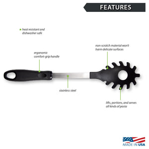 Rada Cutlery Pasta Server non-scratch, lifts, portions, and serves all kinds of pasta.