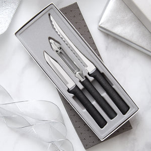 Peel, Pare & Slice Gift Set with silver handles with two knives and sharpener in gift box.