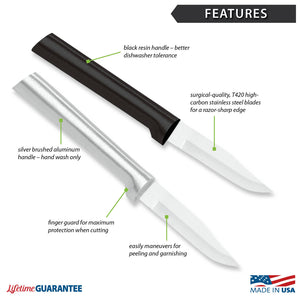 Features diagram for Peeling Paring knife with Made in USA and Lifetime Guarantee logos. 