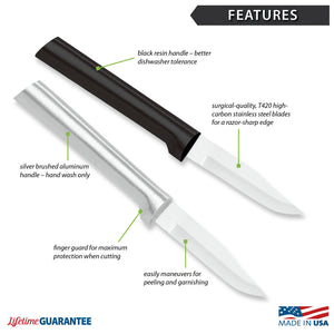 Features diagram for Peeling Paring knife with Made in USA and Lifetime Guarantee logos.