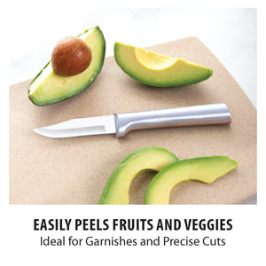 Paring knife with sliced avocado. Easily peels fruits and veggies. Ideal for garnishes and precise cuts.