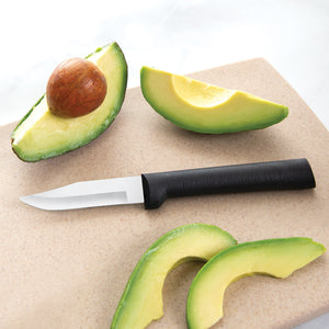 Rada Cutlery Peeling Paring knife with black handle with sliced avocado. 