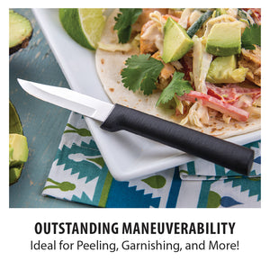 A peeling paring knife laying on a plate of tacos. Outstanding maneuverability. Ideal for peeling, garnishing and more!
