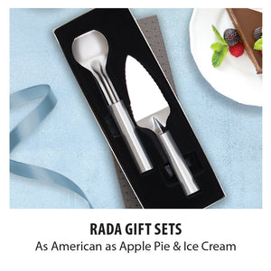 A gift set with an ice cream scoop and pie server . Rada gift sets, as American as apple pie and ice cream.