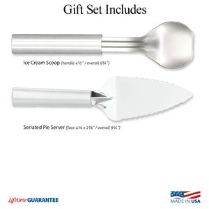 Illustration of utensils in Pie A'La Mode Gift Set and Made in USA and Lifetime Guarantee logos
