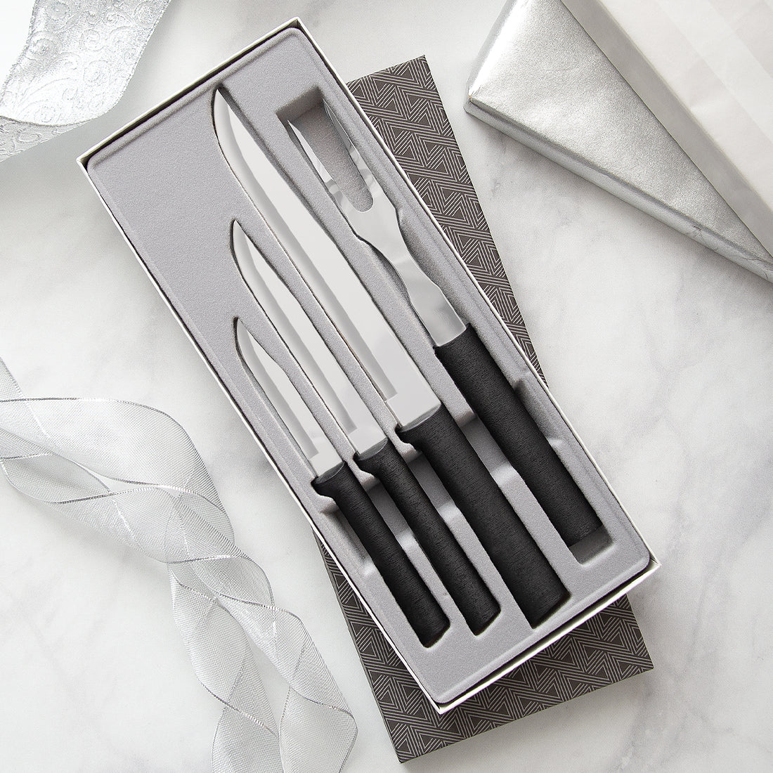 Prepare Then Carve Gift Set (three knives and a carving fork) with silver handles in a gift box