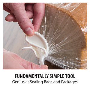 Showing clip in use on a bread bag. Fundamentally simple tool. Genius at sealing bags and packages.