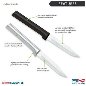 Features diagram for Regular Paring Knife with Made in USA and Lifetime Guarantee logos.