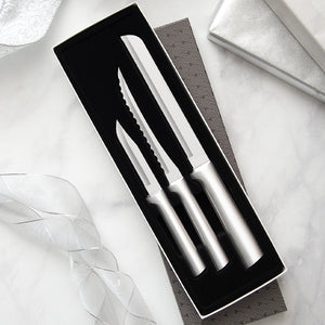 Rada Cutlery's Sensational Serrations Gift Set with silver handles in a black-lined gift box.