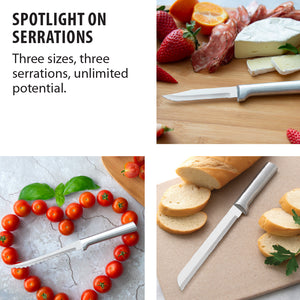 Spotlight on serrations. 3 sizes, 3 serrations, unlimited potential. Paring knife, tomato slicer and 6 inch bread knife.