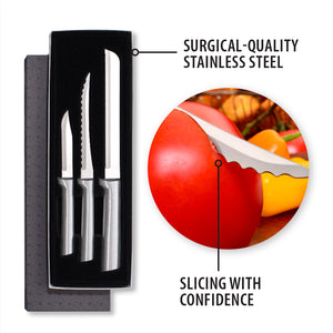 The 3 piece gift set with serrated knives. Surgical-quality stainless steel. Slicing with confidence.