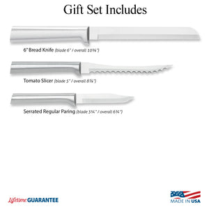 Illustration of Sensational Serrations Gift Set knives and Made in USA & Lifetime Guarantee logos