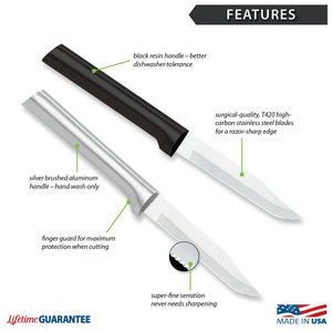 Features diagram for Serrated Regular Paring knife with Made in USA and Lifetime Guarantee logos.